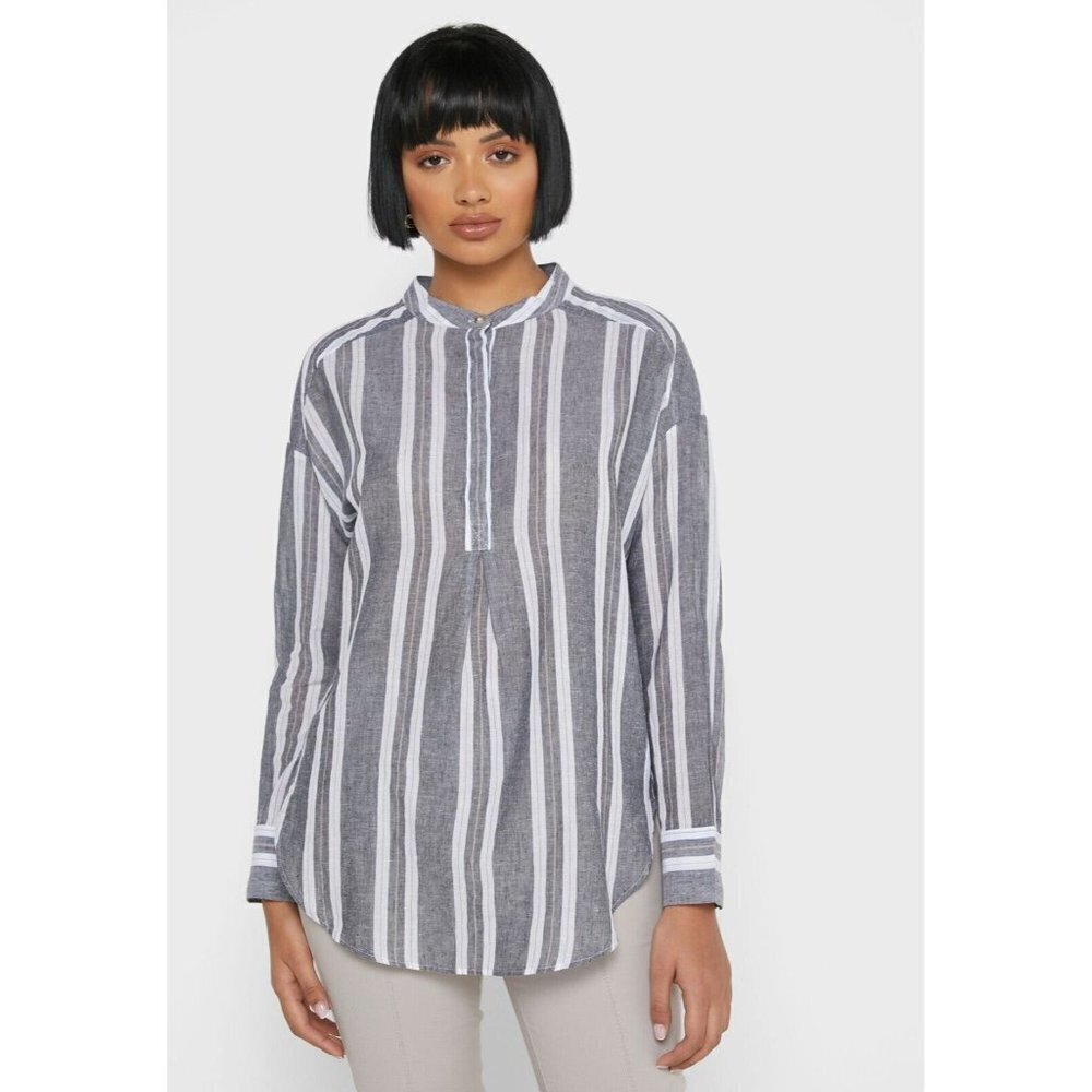 Banana Republic Womens XS Long Sleeve Split Neck Popover Blouse Cotton Linen 843